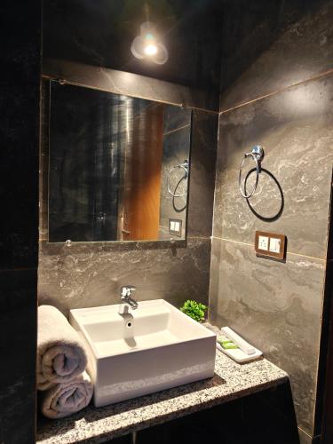 a bathroom with a sink and a mirror at Shasha in Manāli