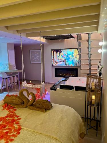 a room with a swinging bed with a video game at Suite Magnolia in Évreux