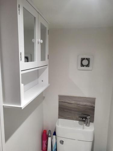 a bathroom with a white cabinet above a toilet at Cwtch on The meadow in Abergavenny