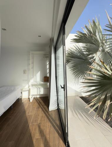 a bedroom with a sliding glass door and a palm tree at Duna Colorada in Lajares