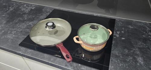 a stove top with two pots on top of it at Apartman BINGO Bugojno in Bugojno