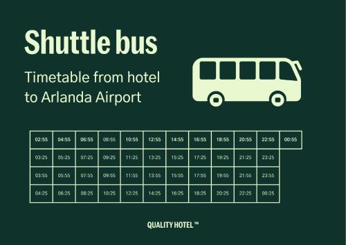 a table with a shuttle bus timetable from hotel to atlanta airport at Quality Hotel Arlanda XPO in Arlanda