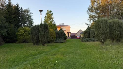 a field with trees and a house in the background at Agroturystyka u Witka in Brynica Mokra