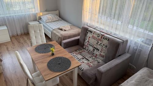 a small room with a table and a bed at Agroturystyka u Witka in Brynica Mokra