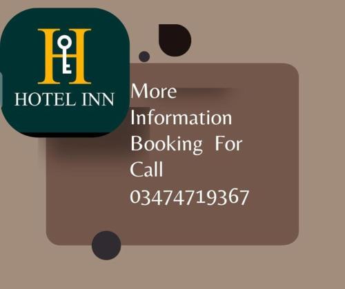 a sign for a hotel inn with the text more information booking for call at Hotel Inn in Karachi