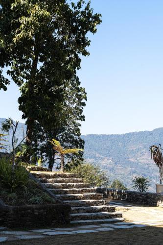 a set of stone stairs with trees and mountains in the background at Nana Mountain Resort Mt Annapurna View in Astam