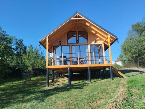 a tiny house with a large window on a field at Cabana Valea Brazilor in Tutana