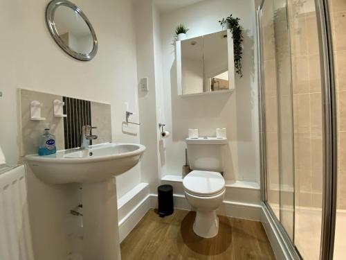 a bathroom with a toilet and a sink and a shower at Maidenehad Spacious Spectacular and Modern 3 Bedroom 2 Bathroom Penthouse 14 in Maidenhead