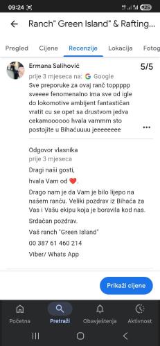 a screenshot of a cell phone with a text box at Vikendica, Bazen, Šedrvan, Rafting na Uni, Quad in Bihać