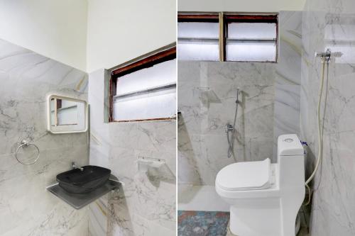 two pictures of a bathroom with a toilet and a shower at Hotel O Khammam Railway Junction Formerly Raghavendra Inn in Khammam