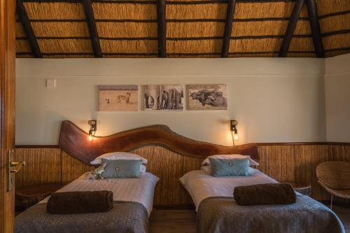zwei Betten in einem Zimmer mit Holzwänden in der Unterkunft Kalahari Bush Breaks Lodge in Buitepos