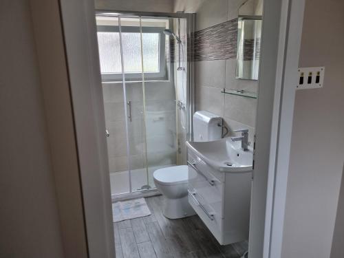 a bathroom with a shower and a toilet and a sink at Apartmani Davorka in Krk
