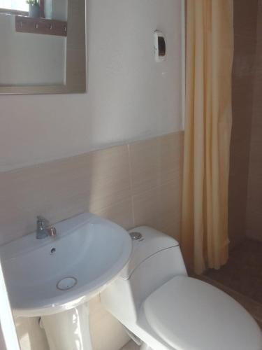 a bathroom with a white toilet and a sink at Caraz - Cozy Cottage in Caraz