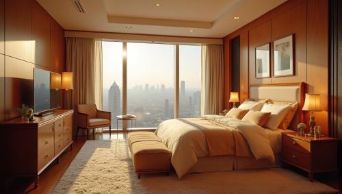 a bedroom with a large bed and a large window at The Precesion Palace Hotel Near IGI Airport in New Delhi