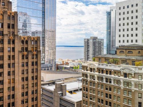 an aerial view of a city with tall buildings at Fairmont Olympic Hotel in Seattle