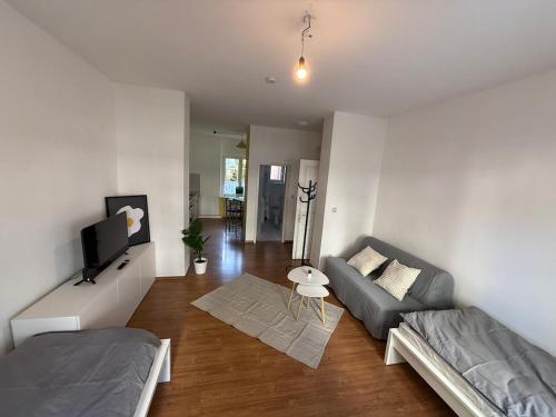 Una sala de estar con un sofá y un televisor. en TwinCity Apart located between Cologne and Dusseldorf, en Leverkusen