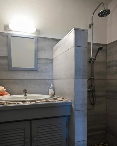 a bathroom with a sink and a shower at Les Jardins de l'Espérance in Bouillante