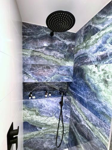 a shower in a bathroom with a mural of a ocean at Appartement d'architecte face à la mer in Les Sables-d'Olonne