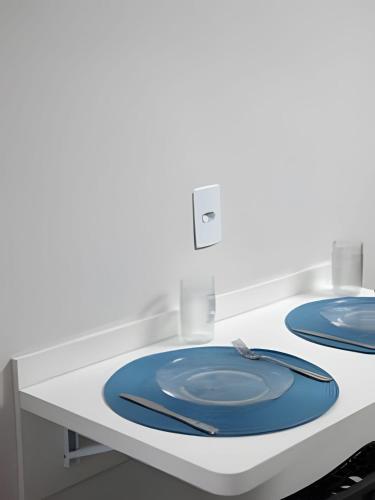a laboratory with two blue plates on a counter at Xavi Studio in Bauru