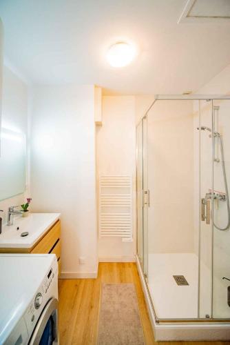 a white bathroom with a shower and a sink at Le Nid Tourangeau - Calme - Wifi - Parking in Monnaie