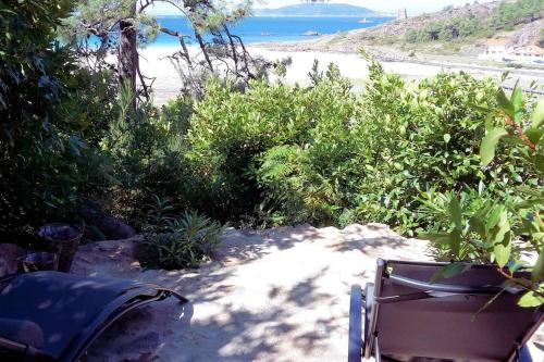 a beach with a chair and bushes and the ocean at Apartamentos Playa Monte Pindo - Morada Druida in O Pindo