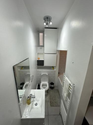 a bathroom with a sink and a toilet and a mirror at Parchmore House in Thornton Heath