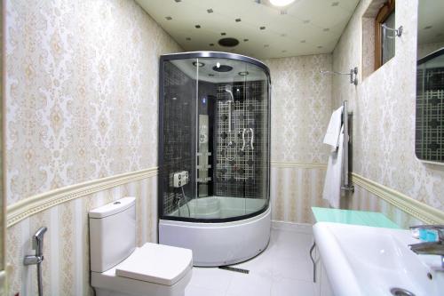 a bathroom with a shower and a toilet and a sink at Pilot By Haz Hotel in Baku