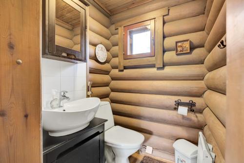 a bathroom with a toilet and a sink at Laavu 13 Original Log Cabin with Sauna in Pyhätunturi