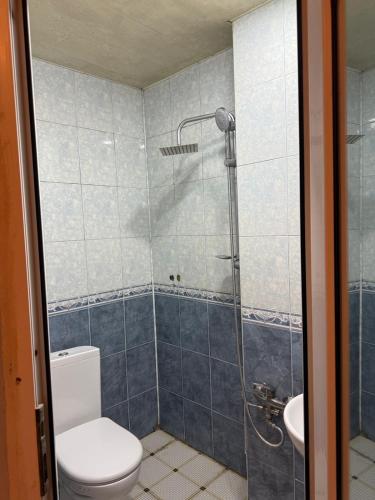 a bathroom with a shower and a toilet and a sink at Mehrz Apartments in Baku