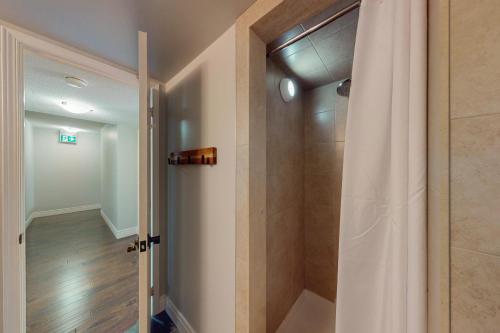 a walk in shower with a shower curtain in a bathroom at Wintergreen 222 in Blue Mountains