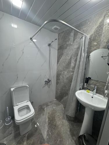 a bathroom with a white toilet and a sink at Mony Hotel in Goris