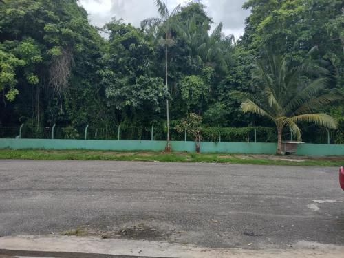 una calle vacía con árboles y una valla en Jomar family home, en Belém