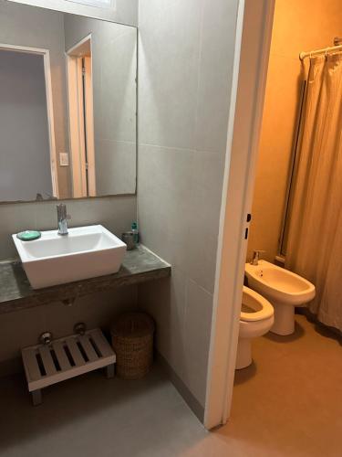 Un baño con lavabo, inodoro y espejo. en PURA VIDA 3, en Mar de las Pampas