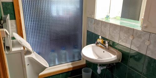 a bathroom with a sink and a shower with a window at ASFeriehus in Flekkefjord