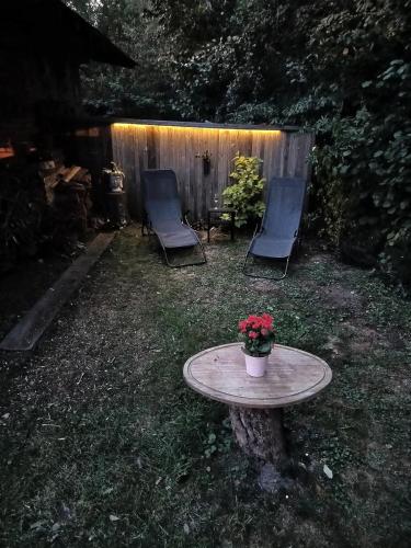 two chairs and a table with a flower pot on a tree stump at Chata Radim 