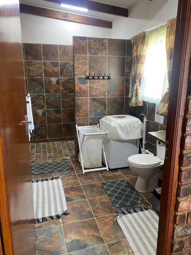 a bathroom with a shower with a toilet and a sink at Come Again Self Catering in George