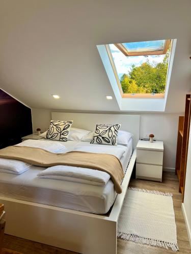 a bedroom with a large bed with a skylight at BeeWood apartment in Križe