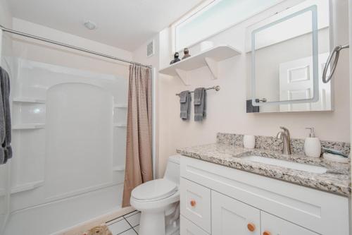 a bathroom with a toilet and a sink and a mirror at Park Place Unit 122 in Cedar Key