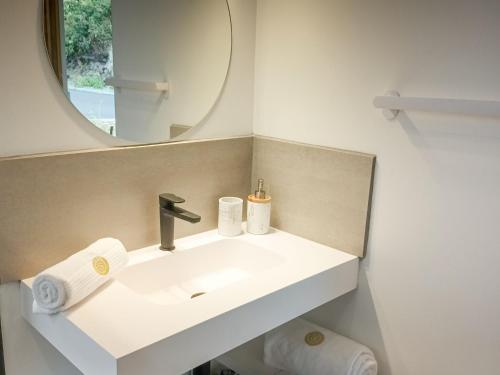 une salle de bain avec un lavabo et un miroir dans l'établissement Gîte accessible avec spa privatif et terrasse - FR-1-786-73, à Fleurimont