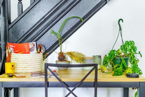 a table with plants on top of it at Short North Convention King Bed Free Parking! in Columbus