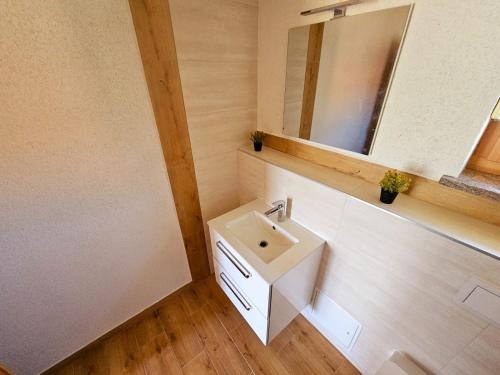 a bathroom with a sink and a mirror at Ferienhaus-Drachenfels-Busenberg in Busenberg
