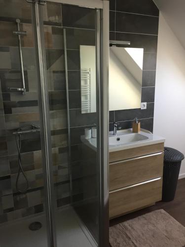 a bathroom with a shower with a sink and a mirror at Appartement avec jacuzzi privatif in Moustoir-Ac