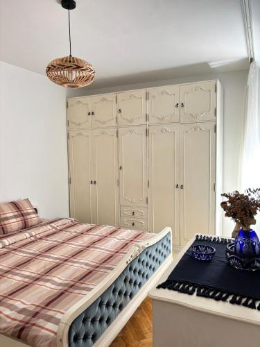 Un dormitorio con una cama y un piano. en Spacious Apartment in Banovo Brdo, en Belgrado