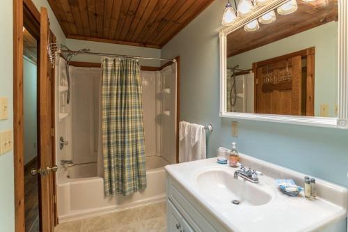 a bathroom with a sink and a shower and a mirror at Grandview Getaway in Boone