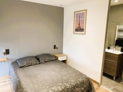 a bedroom with a bed and a sink and a mirror at Le gîte du Plessis in Montanel