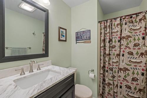 a bathroom with a sink and a shower curtain at Tranquil NH Lakehouse Escape in Moultonborough