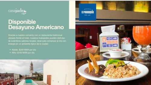 a flyer for a restaurant with a plate of food at Hotel Boutique Casa Jade in Campeche