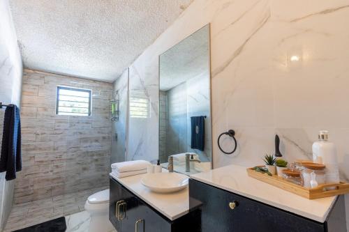 une salle de bain avec un lavabo, des toilettes et un miroir dans l'établissement Dorado White House 6BR Family & Corporate Villa, à Dorado