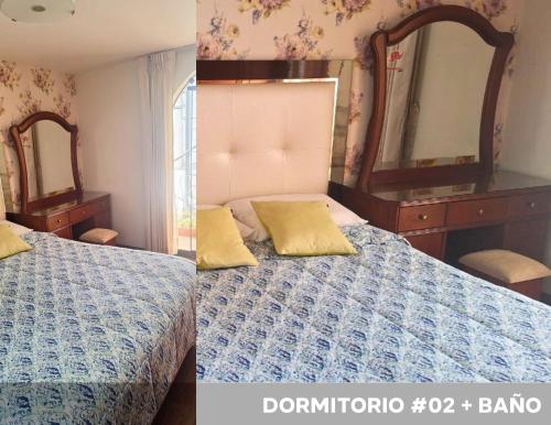 two pictures of a bedroom with a bed and a mirror at Habitaciones en hermosa casa en Yanahuara in Yanahuara