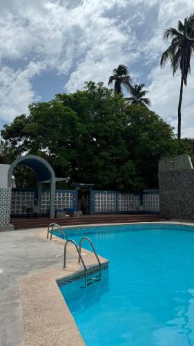 a swimming pool with a bench next to a palm tree at Casa Belmur in Mazatlán